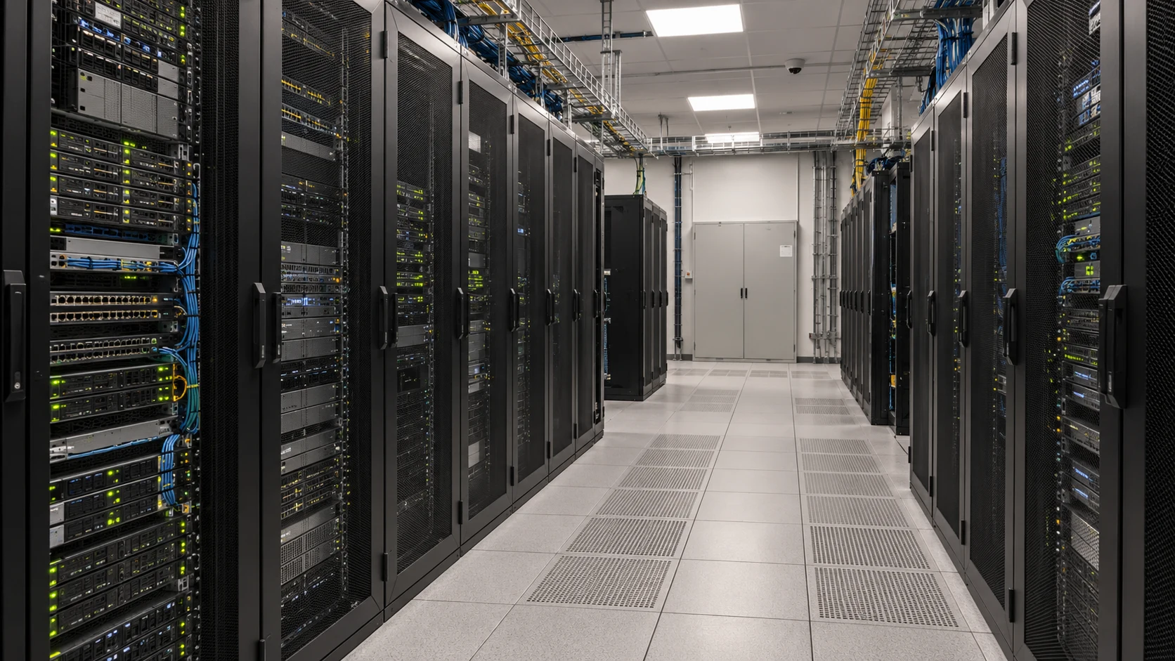 Server room with rack-mounted servers, network switches and managed cabling