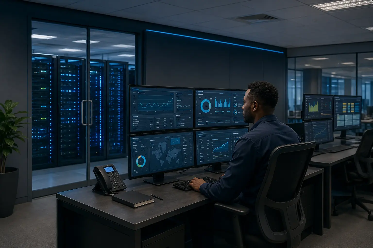 Illustrative data-centre operations room with a technician and server infrastructure