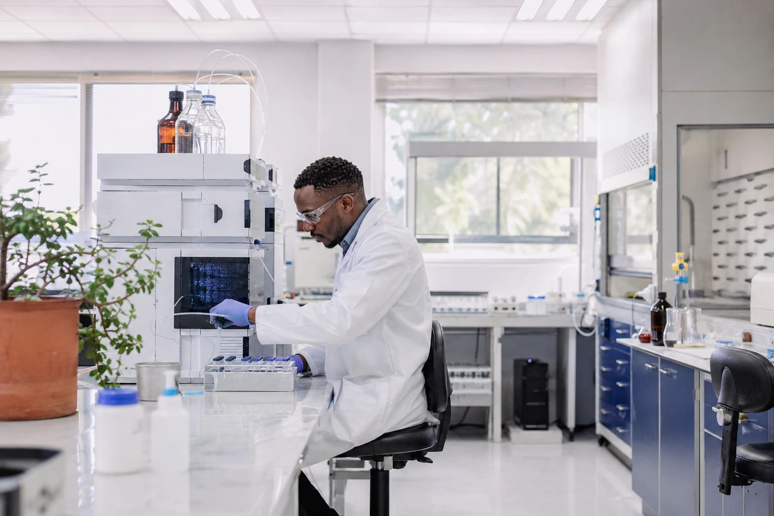Illustrative microbiology laboratory with a scientist and protected analytical instruments