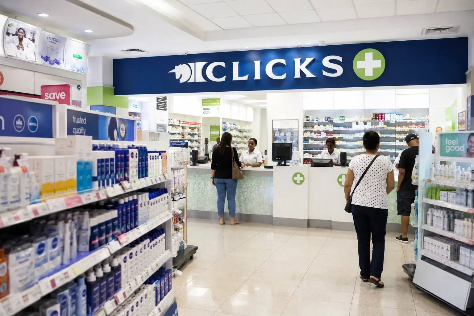 Illustrative Clicks pharmacy store with point-of-sale terminals and branch operations